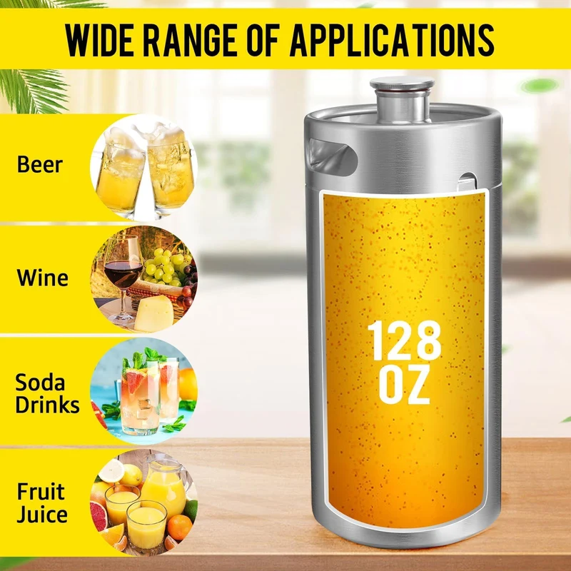 MRbrew 128oz Mini Keg Growler Portable Draft Beer Dispenser System Pressurized Stainless Steel Beer Growler Tap System Home Mini Kegerator, with Professional Beer Tap and CO2 Regulator to Keep Fresh