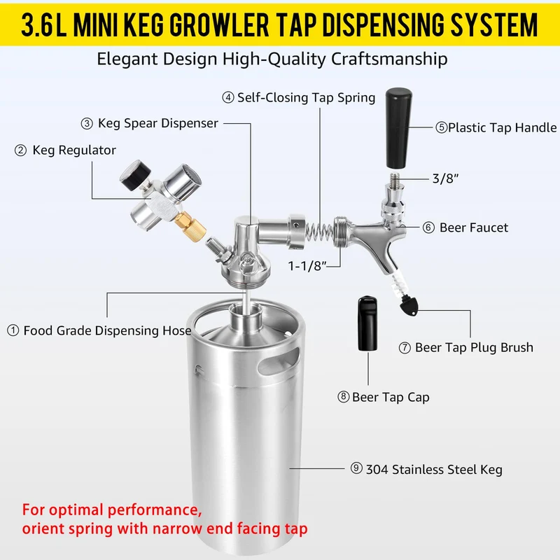 MRbrew 128oz Mini Keg Growler Portable Draft Beer Dispenser System Pressurized Stainless Steel Beer Growler Tap System Home Mini Kegerator, with Professional Beer Tap and CO2 Regulator to Keep Fresh