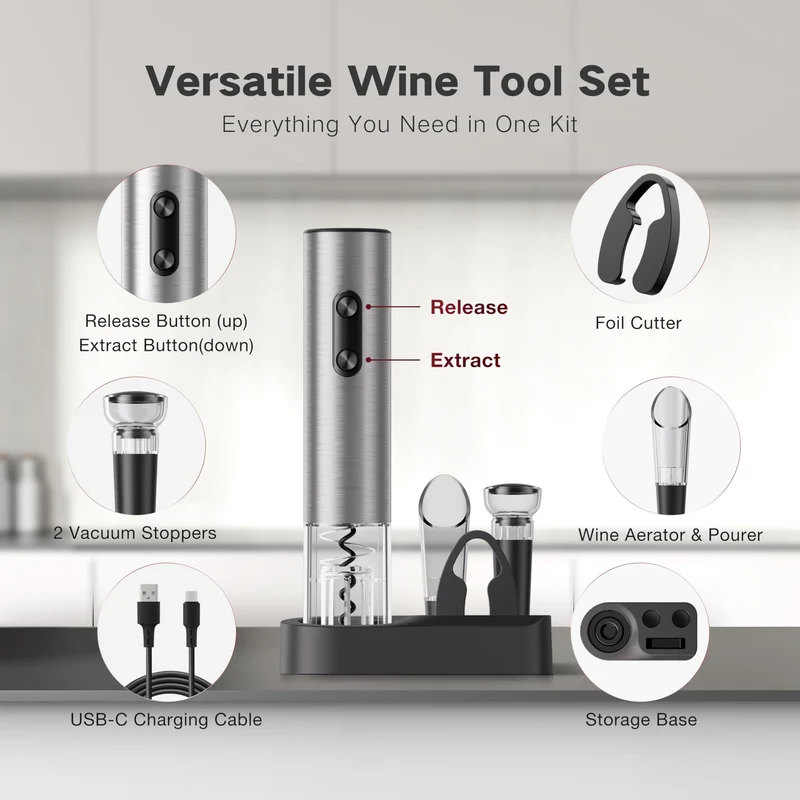 BABONIR 6-in-1 Electric Wine Opener Gift Set, Stainless Steel Automatic Corkscrew with Foil Cutter, Vacuum Stopper, Aerator Pourer and Storage Base, Rechargeable Bottle Opener Gift Kit for Home Party