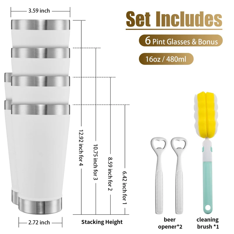 SNOW HARE 16 oz Insulated Beer Glasses Set of 6, Stacking Beer Pint Glass, Beer Tumbler Outdoor, Stainless Steel Double Walled Cup, White, Ideal for Wine Lover, Coffee, Cocktail
