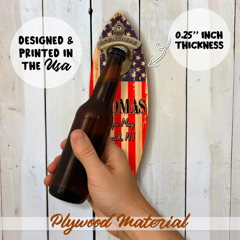 Personalized Wooden Surfboard Bottle Opener Wall Mount with Name & Beach – Custom Retro Bar Decor for Beach House, Summer Party, Housewarming, Father's Day Gift, Man Cave, Cabin or Outdoor Patio