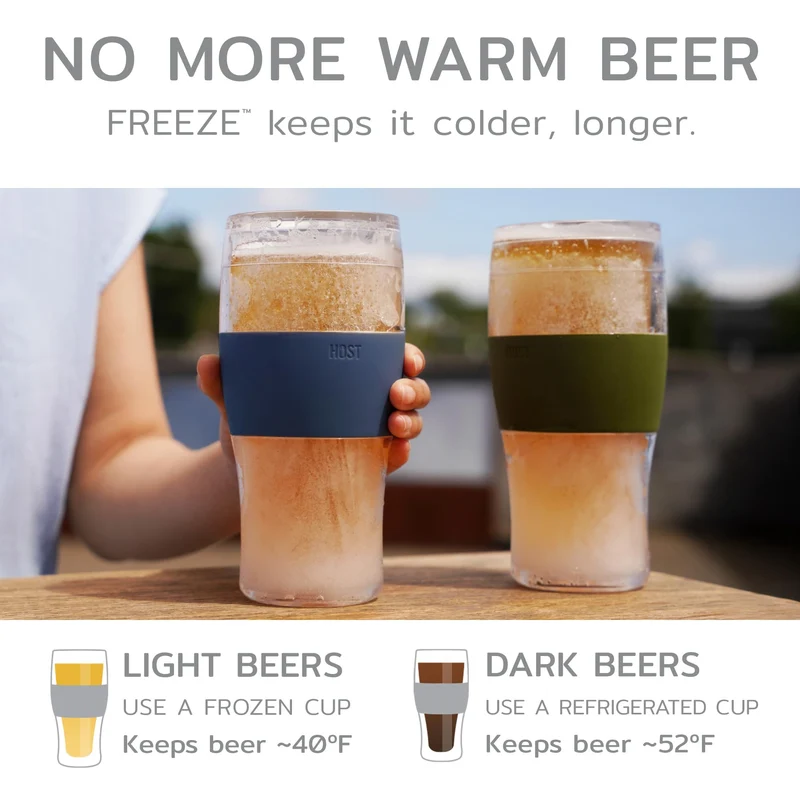 Host Freeze Beer Glasses, Freezable Beer Gifts for Men, Double Wall Insulated Pint Set, Tumbler for Cold Drinks, 16, Set of 2, Gray