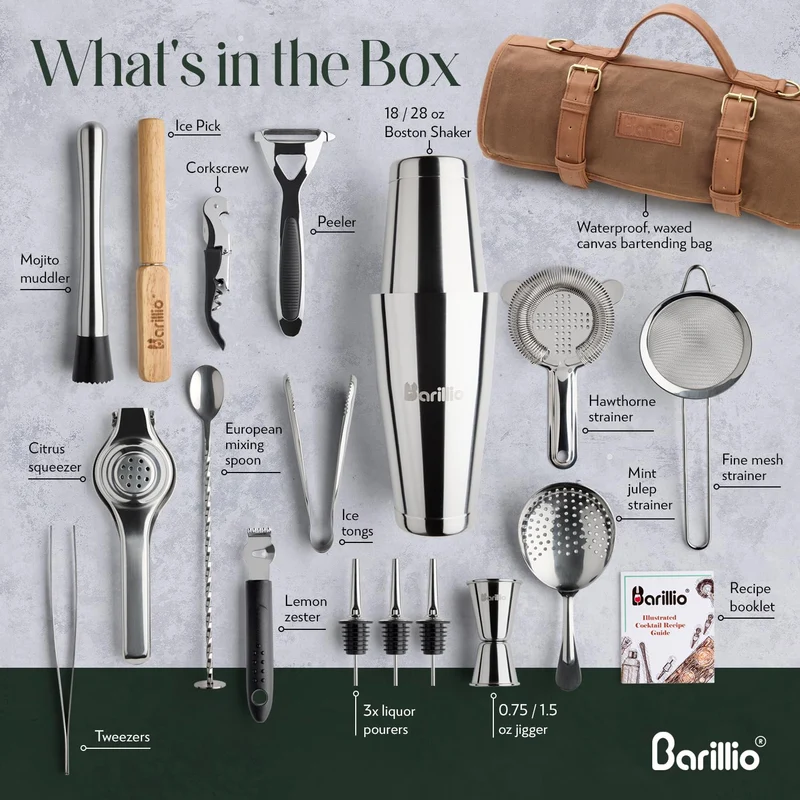 Barillio Bartender Kit Bag with Cocktail Shaker Set - Waxed Canvas, Traveling Bar Tools Bag with 17-Pc Cocktail Kit - Travel Mixology Bartending Kits - Mobile Bar Roll with Strap & Accessories