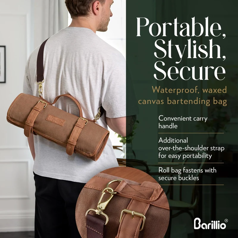 Barillio Bartender Kit Bag with Cocktail Shaker Set - Waxed Canvas, Traveling Bar Tools Bag with 17-Pc Cocktail Kit - Travel Mixology Bartending Kits - Mobile Bar Roll with Strap & Accessories