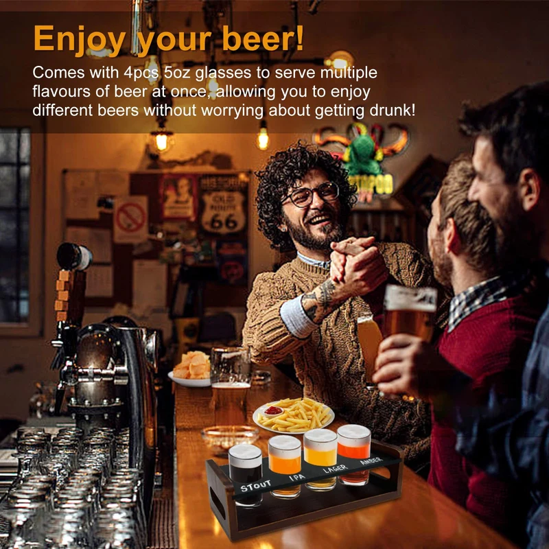 Beer Flight Boards with 4 Glasses 5oz,Wine Flight Tasting Set Tequila Margarita Whiskey Flight Board Wood Drink Serving Tray Shot Glass Holder with Erasable Chalkboard for Men Beer