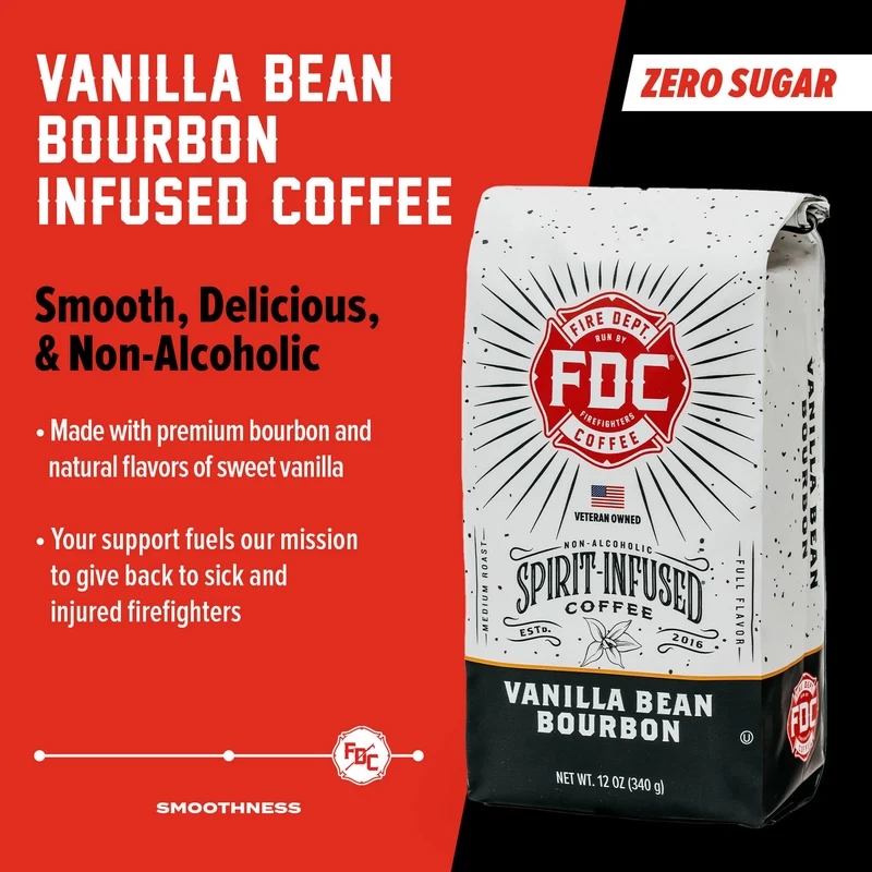 Fire Department Coffee - Vanilla Bourbon Coffee - Gives Back to Firefighters - Vanilla Bean Bourbon Infused Whole Bean - Non-Alcoholic - Roasted in the USA - Veteran Owned - 12 oz