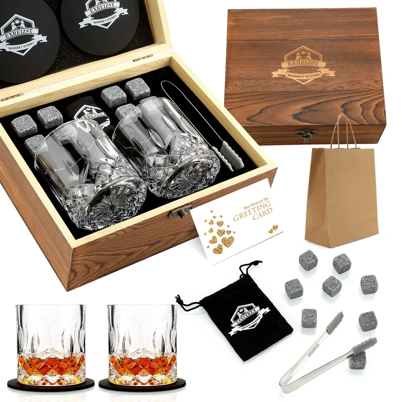 Whiskey Stones Gift Set - Whiskey Glass Set of 2 - Granite Chilling Whiskey Rocks - Scotch Bourbon Gifts for Men -Valentine's Day Birthday Gifts for Men Dad Him Husband Drinking Gift for Holiday