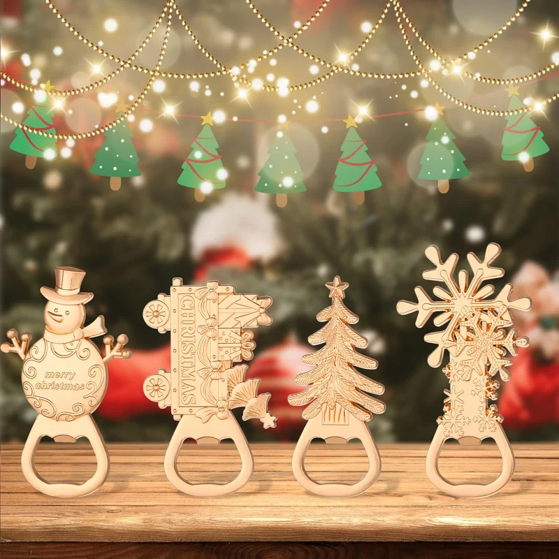 24Pcs 4 in 1 Christmas Beer Bottle Opener Set, Xmas Tree Snowman Snowflask Train Bottle Openers with Gift Box, for Winter Theme Party Decoration Gift Festive, Souvenirs Favors for Guests