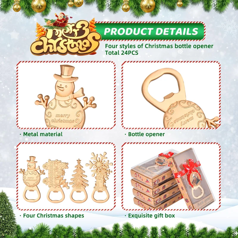 24Pcs 4 in 1 Christmas Beer Bottle Opener Set, Xmas Tree Snowman Snowflask Train Bottle Openers with Gift Box, for Winter Theme Party Decoration Gift Festive, Souvenirs Favors for Guests