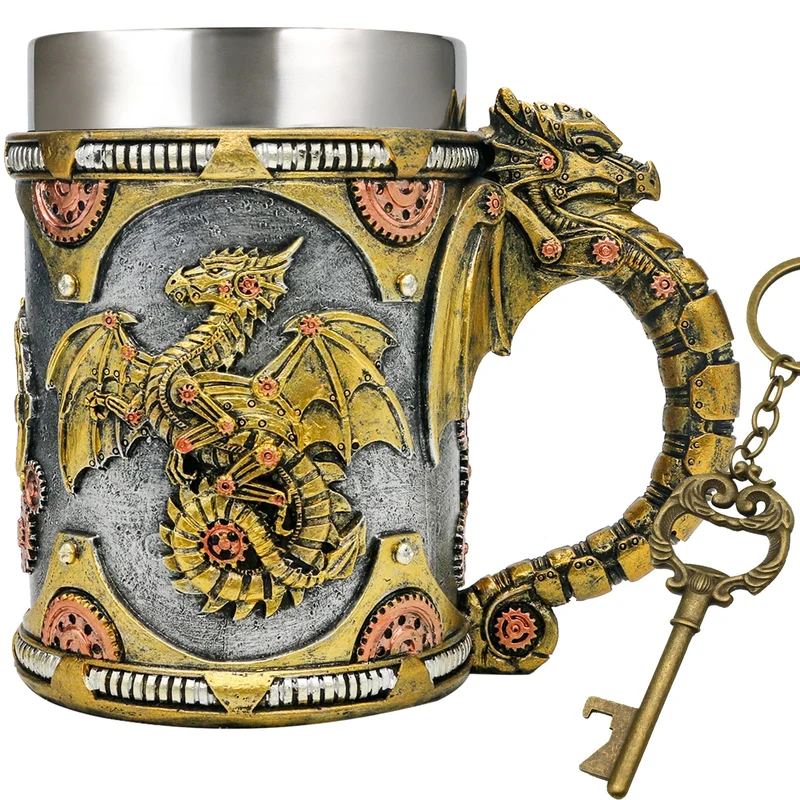 alikiki Medieval Steampunk Dragon Mug - Large Coffee Mug Mechanical Dragon D&D Gift for Men Father's Day Gifts - 21OZ Stainless Steel Party Gaming Mugs Beer Tankard