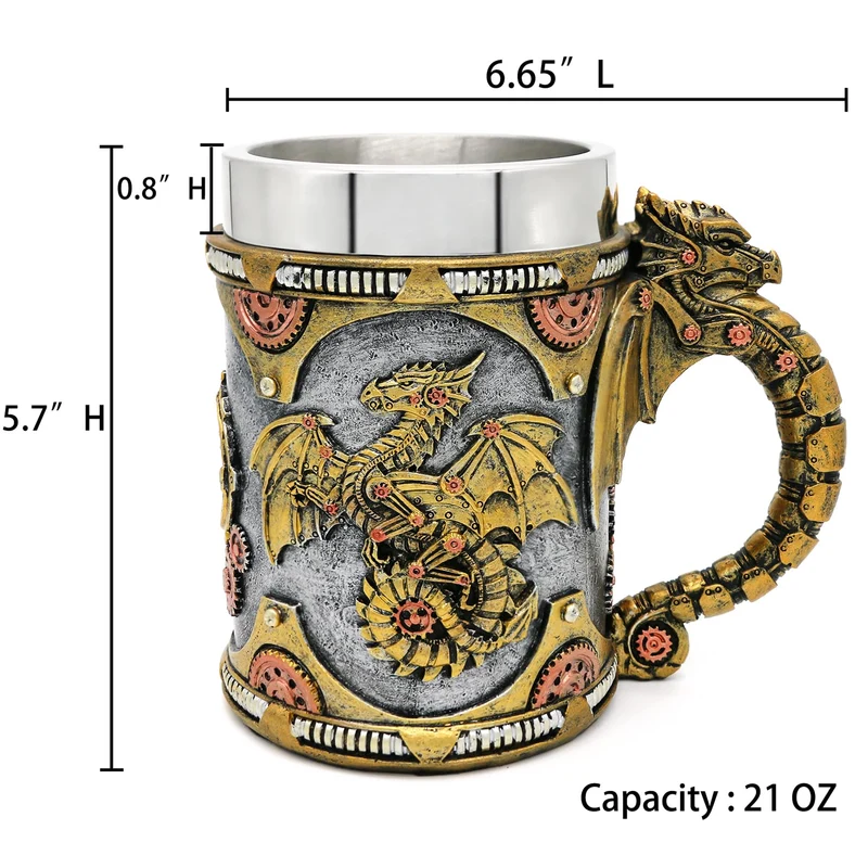 alikiki Medieval Steampunk Dragon Mug - Large Coffee Mug Mechanical Dragon D&D Gift for Men Father's Day Gifts - 21OZ Stainless Steel Party Gaming Mugs Beer Tankard
