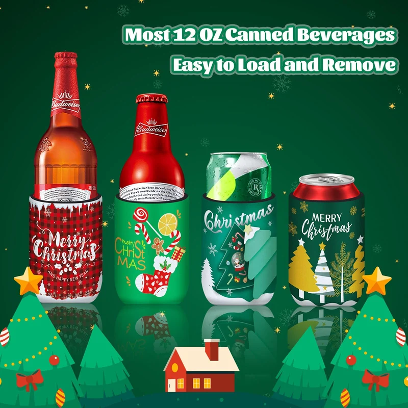 SEPGLITTER 18 Pack Christmas Can Cooler Sleeves Beer Drink Can Bottle Cooler Sleeves Cooler Collapsible for Christmas Holiday Party Decorations Supplies Favors