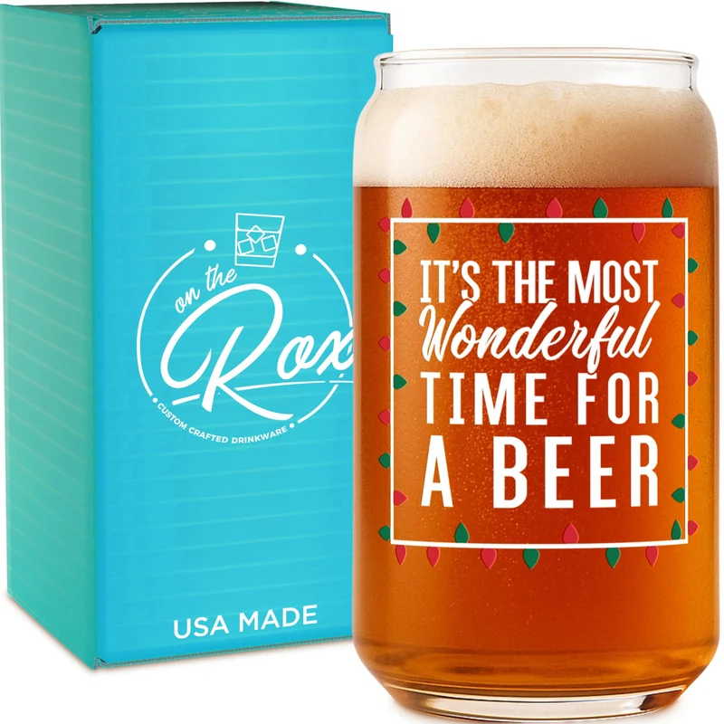 On The Rox Most Wonderful Time for a Beer- Red, Green and White- 16 Ounce Glass- Ideal for Men and Women - Funny Glass (Most Wonderful)