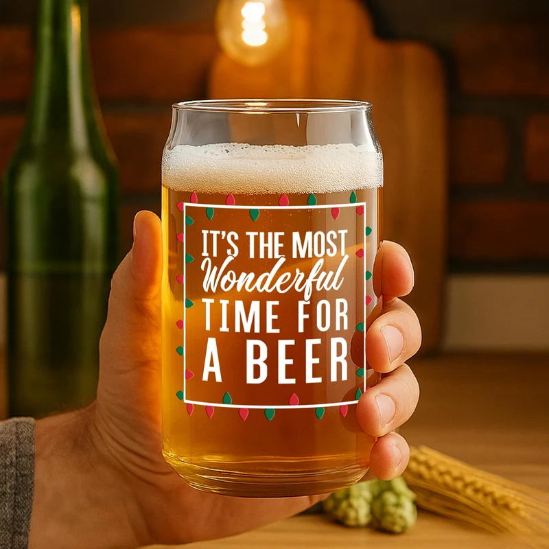 On The Rox Most Wonderful Time for a Beer- Red, Green and White- 16 Ounce Glass- Ideal for Men and Women - Funny Glass (Most Wonderful)