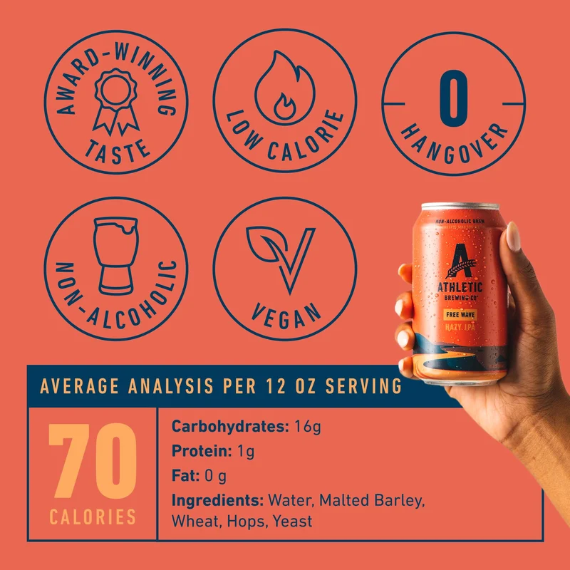 Athletic Brewing Company Craft Non Alcoholic Beer, Low Calorie Hazy IPA, Pair With Salad, Pizza, & Desserts, Vegan Hops Blend With Floral & Citrus Notes, Free Wave, 12 Pack, 12 FL Oz Cans