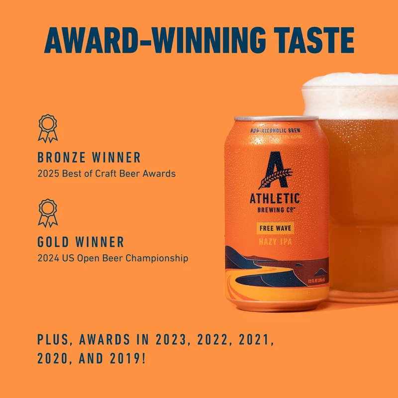 Athletic Brewing Company Craft Non Alcoholic Beer, Low Calorie Hazy IPA, Pair With Salad, Pizza, & Desserts, Vegan Hops Blend With Floral & Citrus Notes, Free Wave, 12 Pack, 12 FL Oz Cans