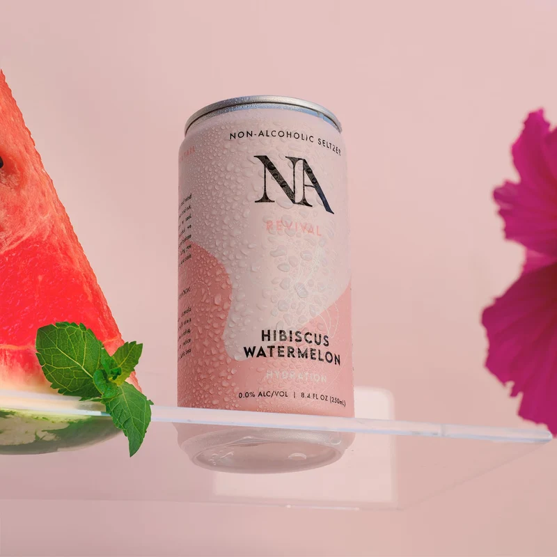 NA Functional Non-Alcoholic Drinks with Mushrooms & L-Theanine | Sea Salt for Hydration | Low Sugar, Low Calorie Adaptogen Social Tonic, Hibiscus Tea and Watermelon Mocktail, 8.4oz Cans (12 Pack)