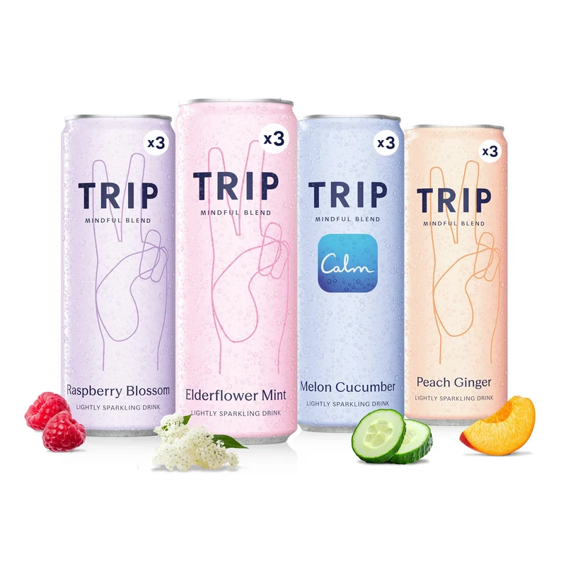 TRIP Mindful Blend, Lightly Sparkling Adaptogen Seltzer, Non-Alcoholic Mocktail with Magnesium, Ashwagandha, Lions Mane & L Theanine, No Added Sugar, Vegan, Original Variety Pack, 12 Oz, 12Pk