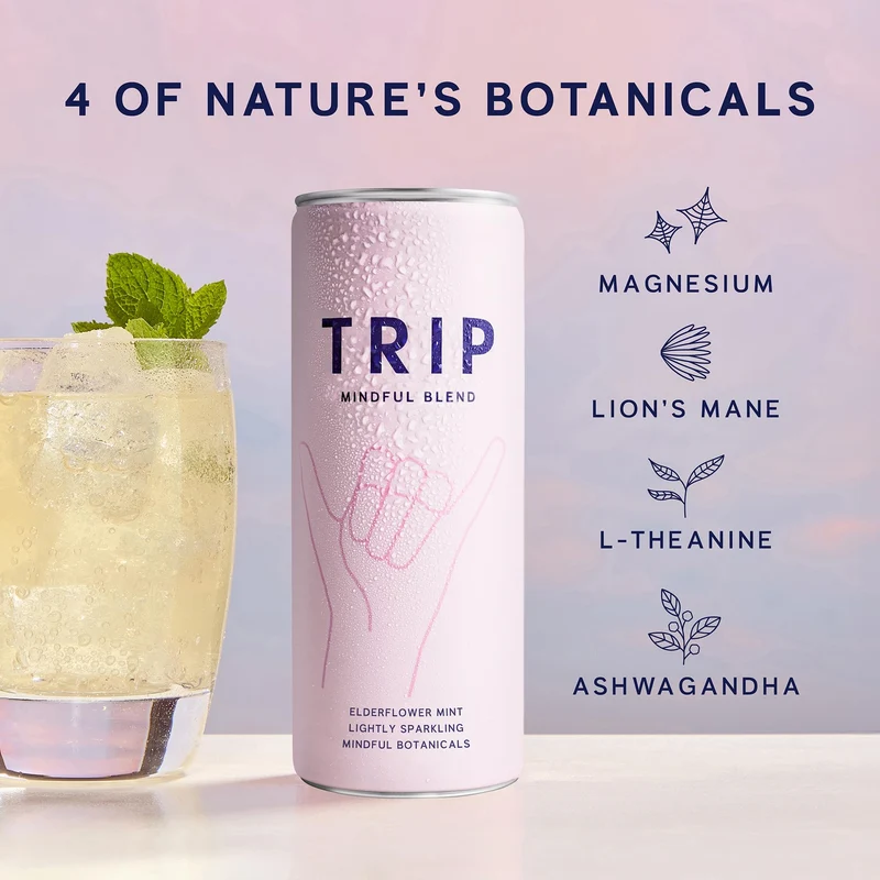 TRIP Mindful Blend, Lightly Sparkling Adaptogen Seltzer, Non-Alcoholic Mocktail with Magnesium, Ashwagandha, Lions Mane & L Theanine, No Added Sugar, Vegan, Original Variety Pack, 12 Oz, 12Pk