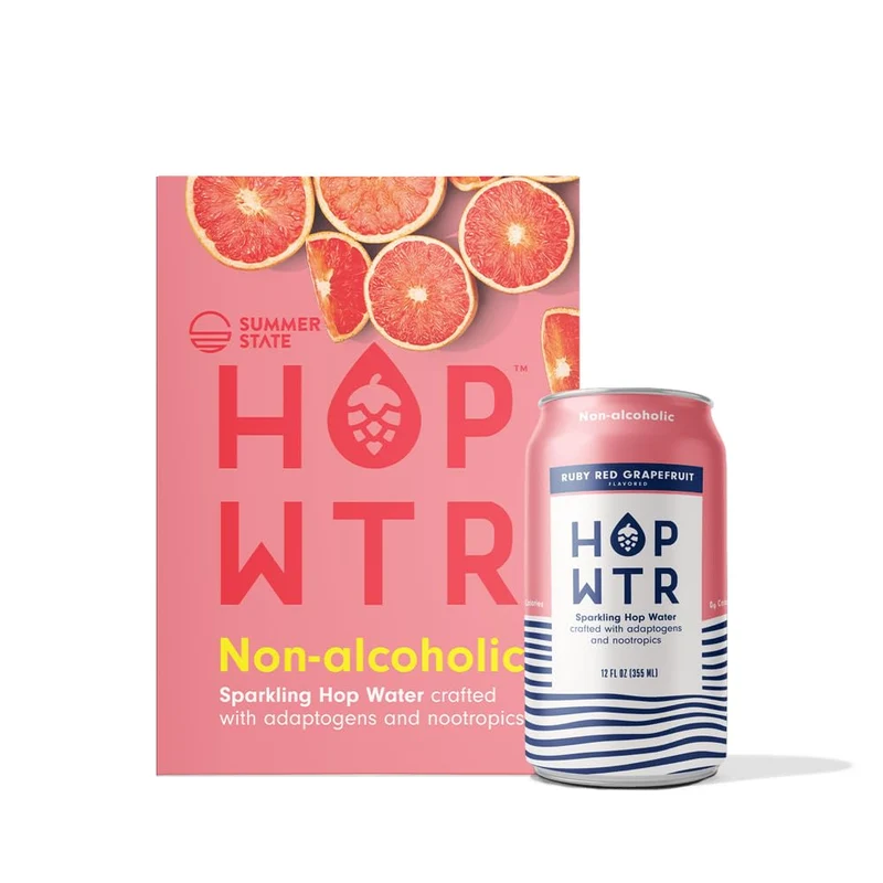 HOP WTR - Sparkling Hop Water - Ruby Red Grapefruit (6 Pack) - NA Beer, No Calories or Sugar, Low Carb, With Adaptogens and Nootropics for Added Benefits (12 oz Cans)