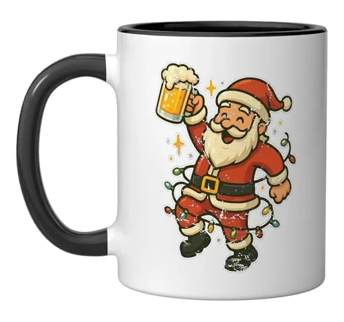 Dancing Santa With Beer and Lights Ceramic Mug, Black/White