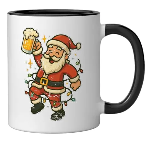 Dancing Santa With Beer and Lights Ceramic Mug, Black/White