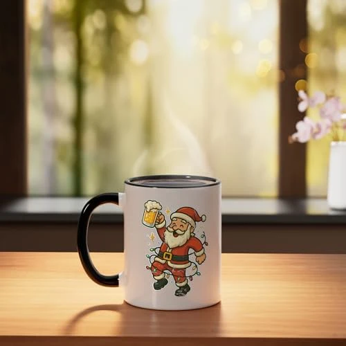 Dancing Santa With Beer and Lights Ceramic Mug, Black/White