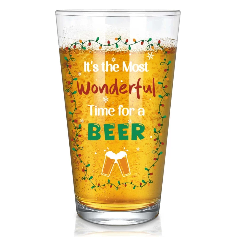 Futtumy It's the Most Wonderful Time for a Beer Glass, 17 OZ Beer Pint Glass, Funny Gifts for Men Beers Lovers Dad Father, Christmas Gifts for Men Women, Christmas Beers Glass for Xmas Party Birthday