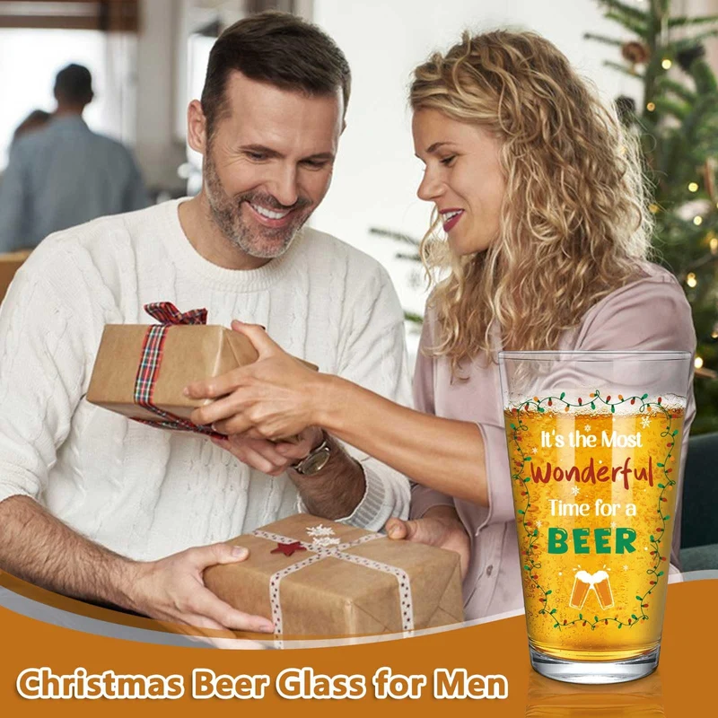 Futtumy It's the Most Wonderful Time for a Beer Glass, 17 OZ Beer Pint Glass, Funny Gifts for Men Beers Lovers Dad Father, Christmas Gifts for Men Women, Christmas Beers Glass for Xmas Party Birthday