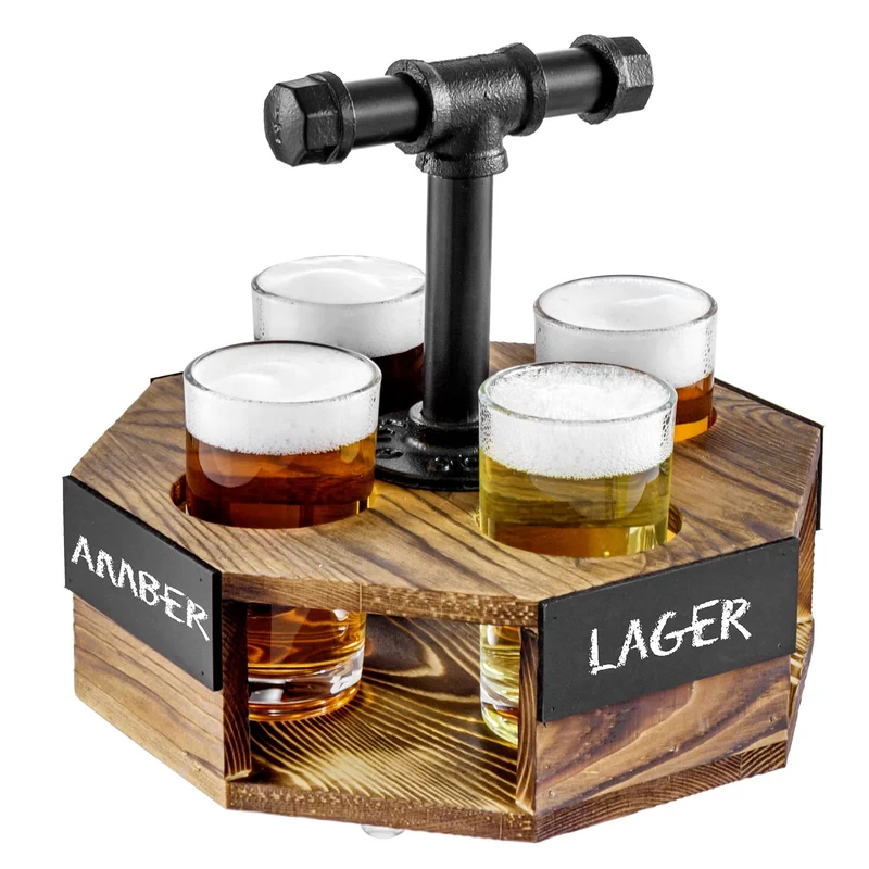 MyGift Burnt Solid Wood Geometric Beer Flight Server Set with Rustic Industrial Metal Pipe Handle, 4 Beer Glasses and Chalkboard Label Panel