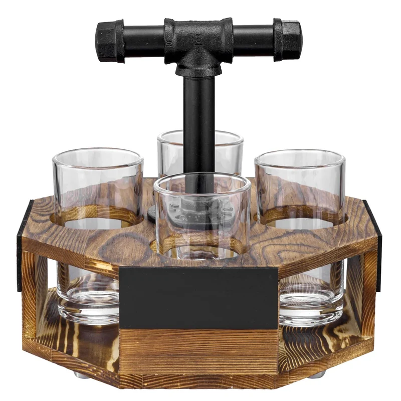 MyGift Burnt Solid Wood Geometric Beer Flight Server Set with Rustic Industrial Metal Pipe Handle, 4 Beer Glasses and Chalkboard Label Panel