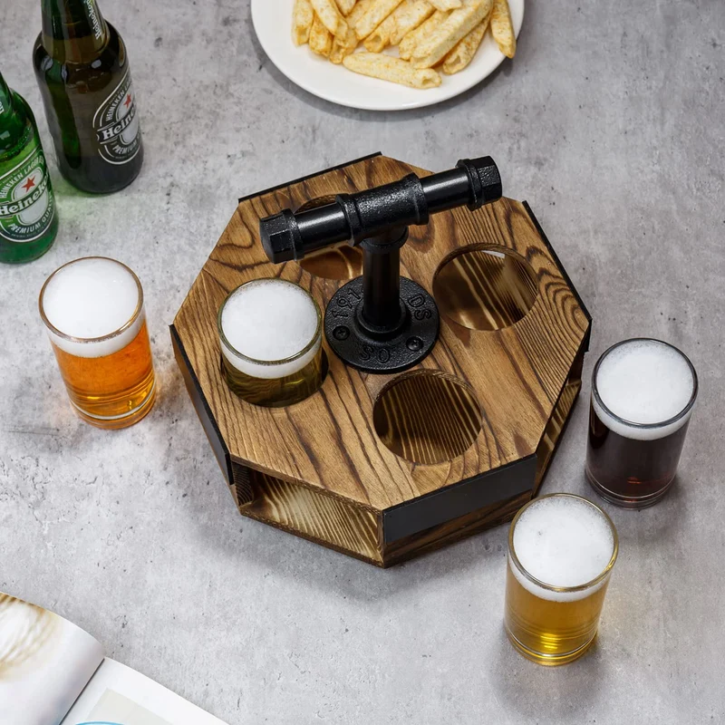MyGift Burnt Solid Wood Geometric Beer Flight Server Set with Rustic Industrial Metal Pipe Handle, 4 Beer Glasses and Chalkboard Label Panel