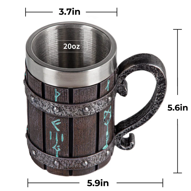 Nordic Viking Rune Mug Beer Tankard Cup for Men, Stainless Steel Coffee Mugs Christmas Viking Gifts Norse Décor Beer Stein, 20oz