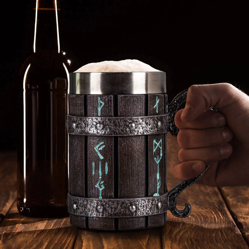Nordic Viking Rune Mug Beer Tankard Cup for Men, Stainless Steel Coffee Mugs Christmas Viking Gifts Norse Décor Beer Stein, 20oz