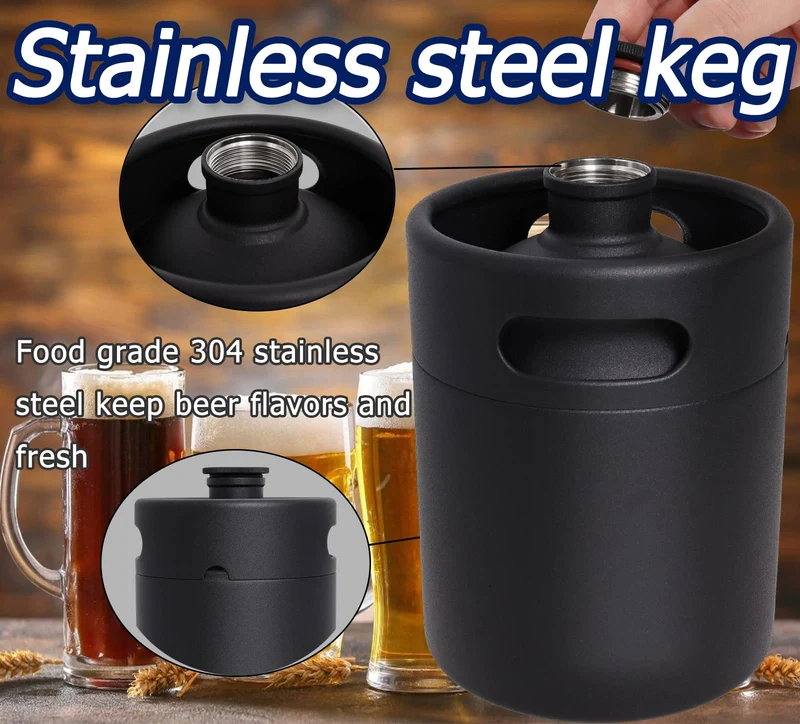 Mini Keg Growler, 64 OZ 304 Stainless Steel Mini Beer Keg with Seal knob Cover, Pressurized Growler with No Scratch Matte Black Powder Coated for Home kitchen Brewing Beer(2L)
