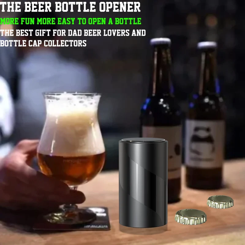 2 PACK Push Down-Pop Off Beer Bottle Opener with Magnetic Cap Catcher No Damage to Caps,Automatic Decapitator Beer/Soda Magnet Bottle Top Openers,One-Hand Easy/Funny Open,Cool Bartender Tools (Black)