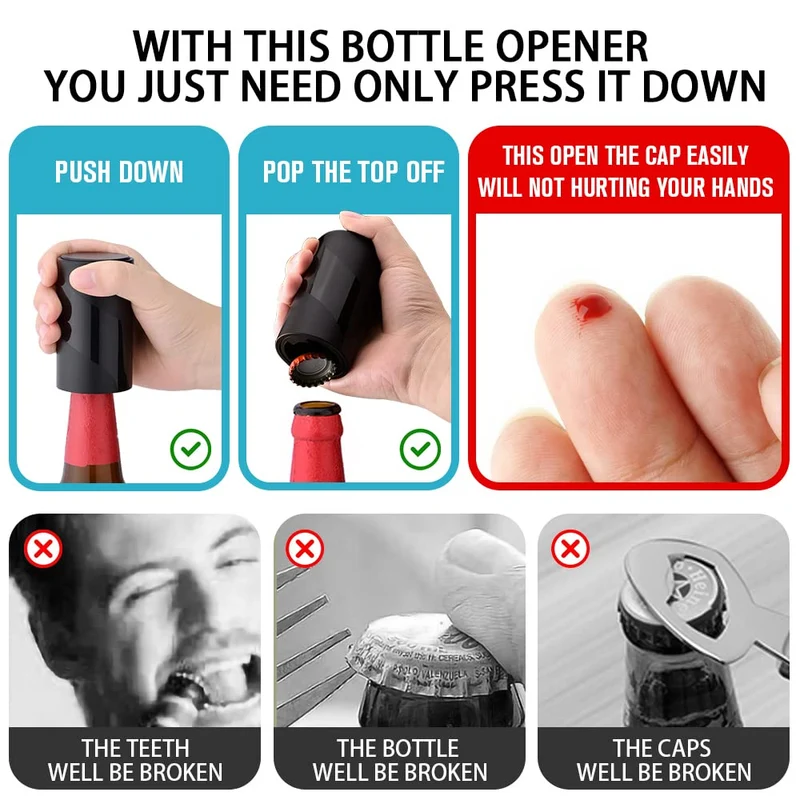2 PACK Push Down-Pop Off Beer Bottle Opener with Magnetic Cap Catcher No Damage to Caps,Automatic Decapitator Beer/Soda Magnet Bottle Top Openers,One-Hand Easy/Funny Open,Cool Bartender Tools (Black)