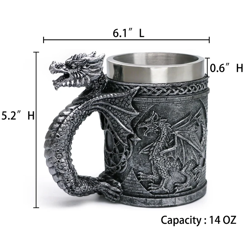 alikiki Medieval GOT Dragon Mug - Dragons Coffee Mug Gifts for Men - 15.8 OZ Stainless Drinking Cup Beer Steins Dragon Themed Party Decoration