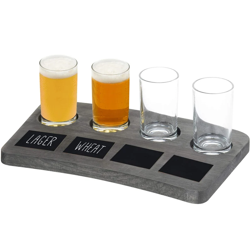 MyGift 5 Piece Set Vintage Grey Wood Beer Flight Tasting Glasses (6 oz) and Server Board Tray with Chalkboard Labels