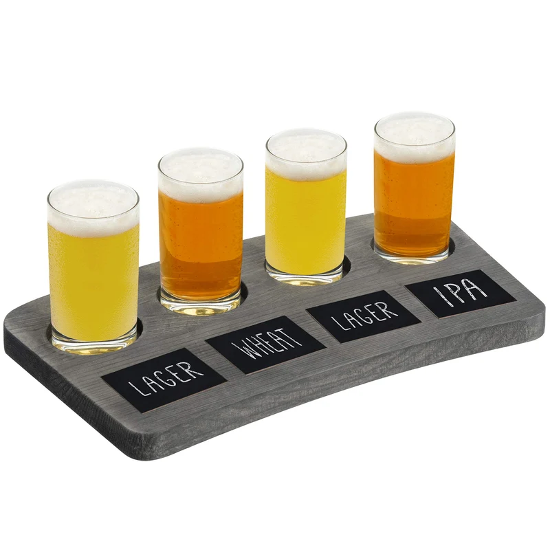 MyGift 5 Piece Set Vintage Grey Wood Beer Flight Tasting Glasses (6 oz) and Server Board Tray with Chalkboard Labels