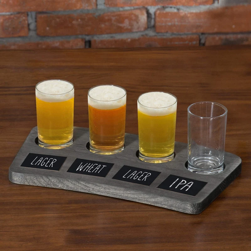 MyGift 5 Piece Set Vintage Grey Wood Beer Flight Tasting Glasses (6 oz) and Server Board Tray with Chalkboard Labels