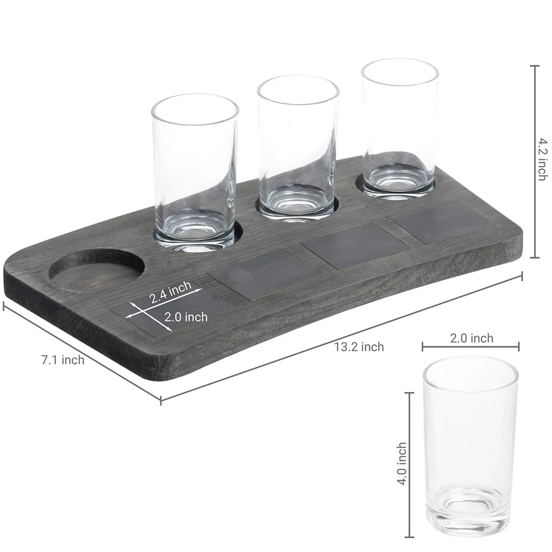 MyGift 5 Piece Set Vintage Grey Wood Beer Flight Tasting Glasses (6 oz) and Server Board Tray with Chalkboard Labels