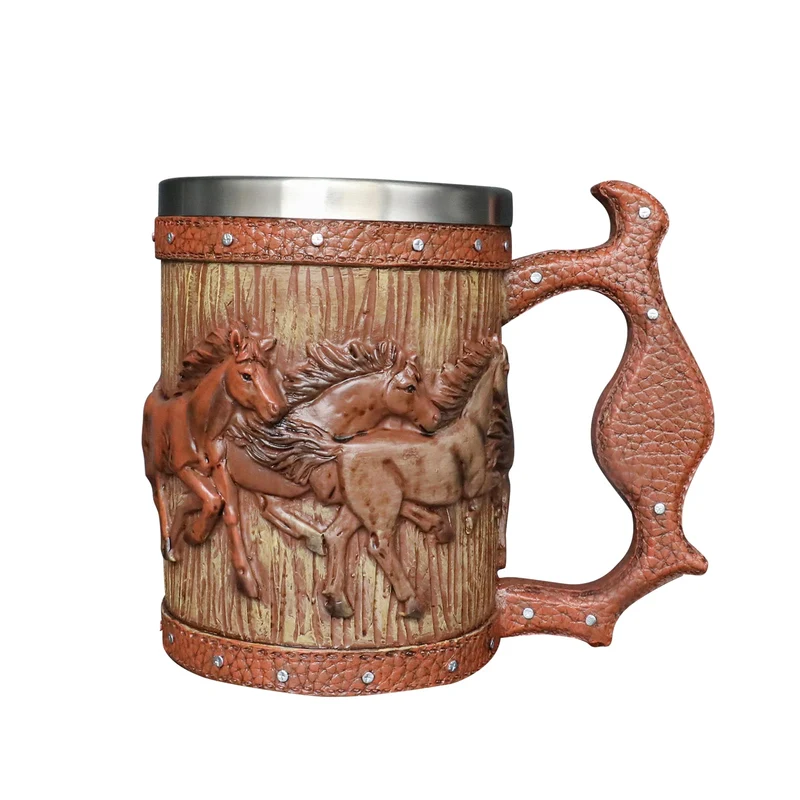 Wooden Barrel Beer Mug, 20oz Stainless Steel Horse Mug Coffee Cup Horses Gifts for Women Men Gift for Birthday Christmas, Gothic Decor Party Decoration Drinkware Gift