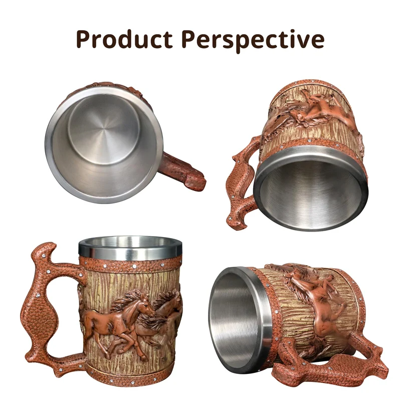 Wooden Barrel Beer Mug, 20oz Stainless Steel Horse Mug Coffee Cup Horses Gifts for Women Men Gift for Birthday Christmas, Gothic Decor Party Decoration Drinkware Gift