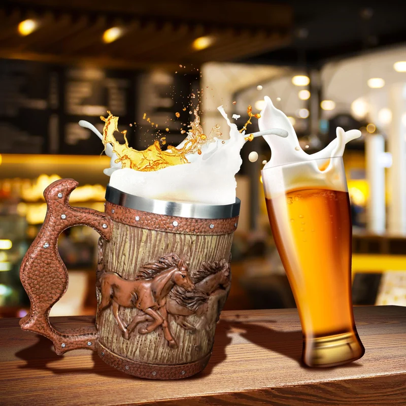 Wooden Barrel Beer Mug, 20oz Stainless Steel Horse Mug Coffee Cup Horses Gifts for Women Men Gift for Birthday Christmas, Gothic Decor Party Decoration Drinkware Gift