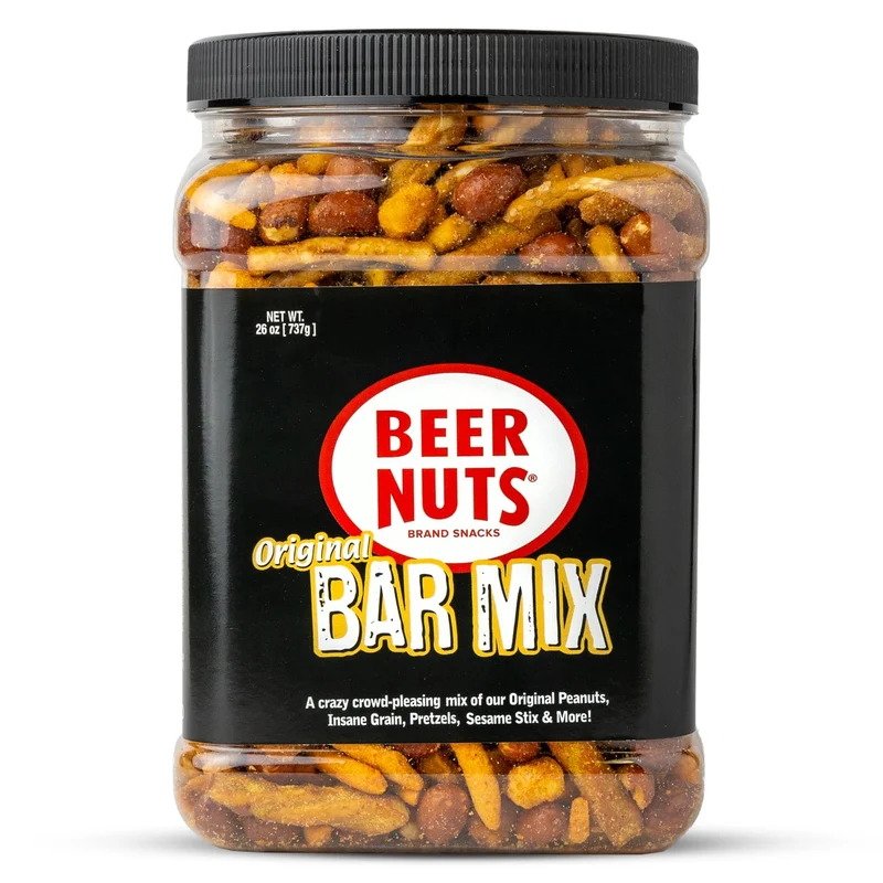BEER NUTS Original Bar Mix - Crunchy Party Pretzels, Cheese Sticks, Sesame Sticks, Roasted Corn Nuts, & Original Roasted Sweet Glazed Salted Peanuts - Chips Alternative Snack - 26oz Resealable Jar