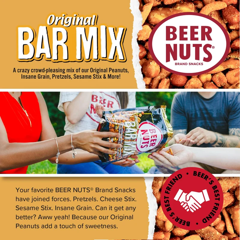 BEER NUTS Original Bar Mix - Crunchy Party Pretzels, Cheese Sticks, Sesame Sticks, Roasted Corn Nuts, & Original Roasted Sweet Glazed Salted Peanuts - Chips Alternative Snack - 26oz Resealable Jar