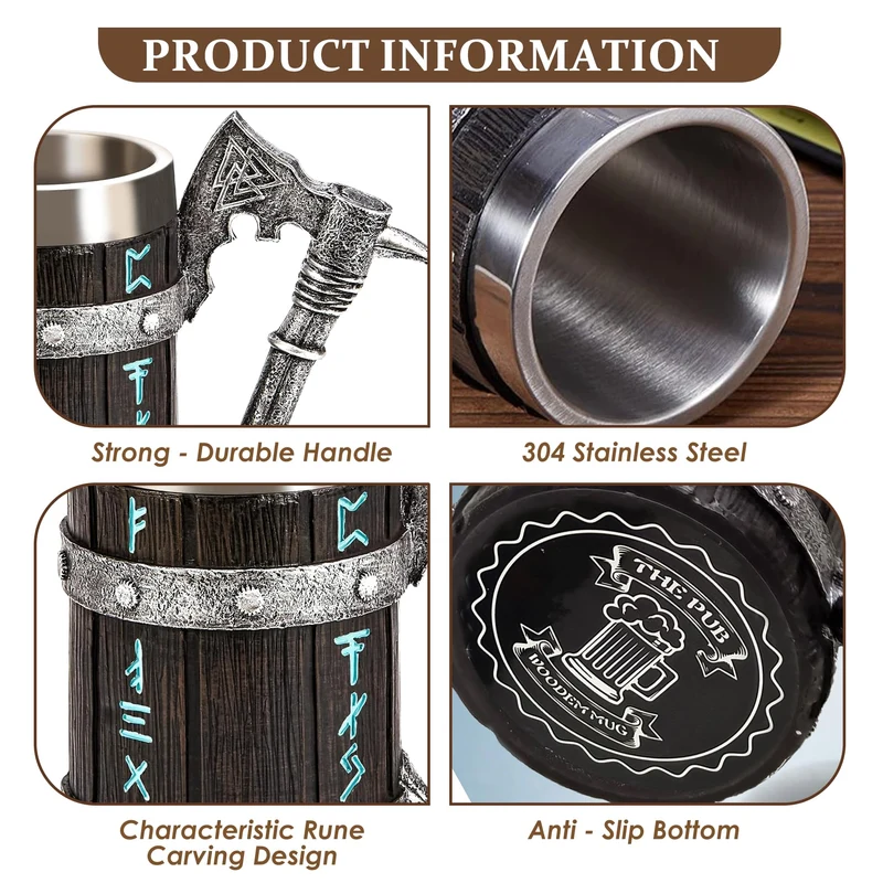 Viking Beer Mug 20oz Stainless Steel Double Wall Heavy Mug, Hand-Carved Oak with Norse Runes, Axe Handle Tankard Gifts for Men Medieval Drinking Cup, Cool Beer Stein for Home Bar Viking Decor