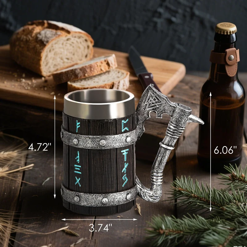 Viking Beer Mug 20oz Stainless Steel Double Wall Heavy Mug, Hand-Carved Oak with Norse Runes, Axe Handle Tankard Gifts for Men Medieval Drinking Cup, Cool Beer Stein for Home Bar Viking Decor