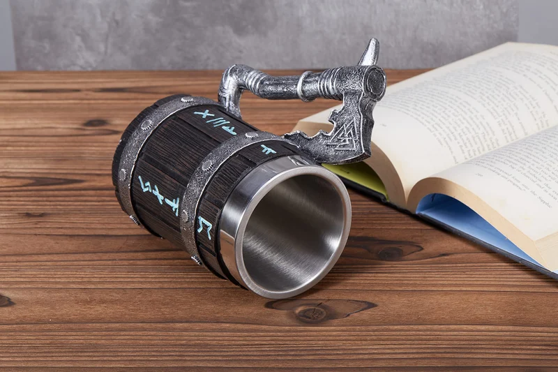 Viking Beer Mug 20oz Stainless Steel Double Wall Heavy Mug, Hand-Carved Oak with Norse Runes, Axe Handle Tankard Gifts for Men Medieval Drinking Cup, Cool Beer Stein for Home Bar Viking Decor